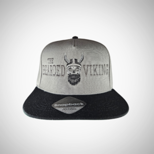 Grey snapback cap with black peak featuring The Bearded Viking skull logo embroidery.