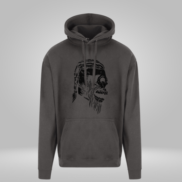 Grey hoodie with Ragnar skull design printed in black vinyl.