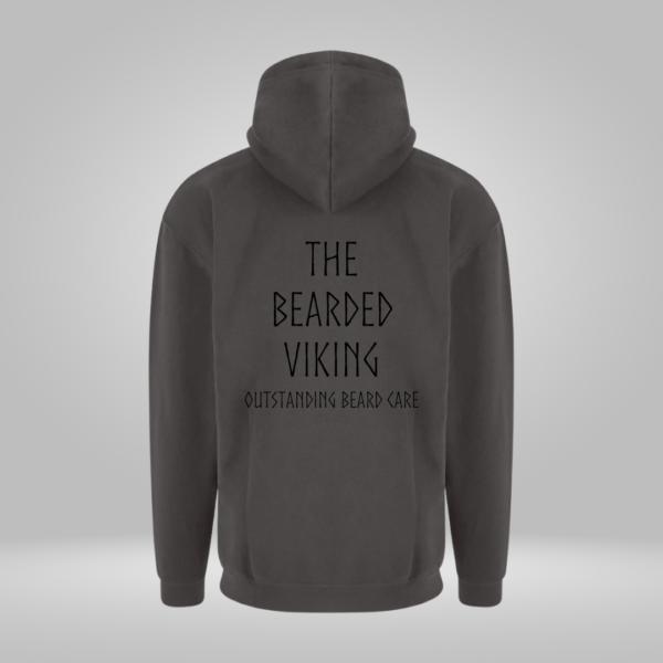 Grey hoodie with “The Bearded Viking Quality Beard Care” black vinyl design, printed back.