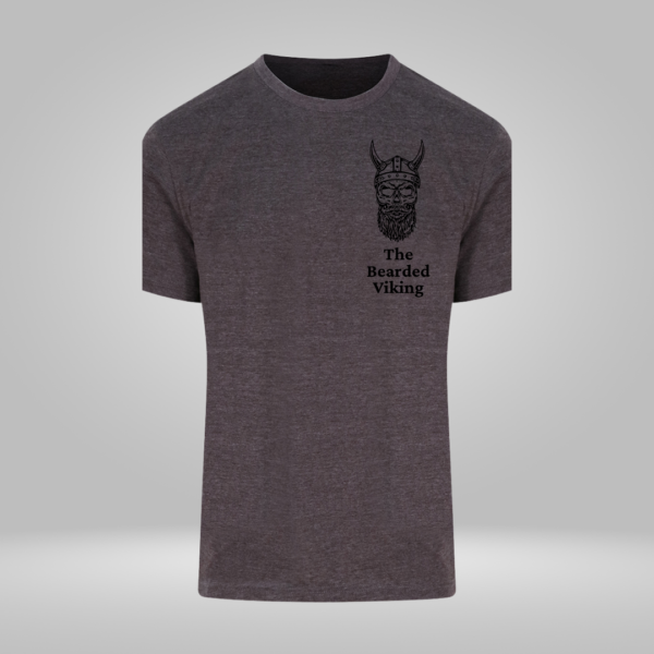Grey t-shirt with The Bearded Viking skull logo printed in black vinyl.