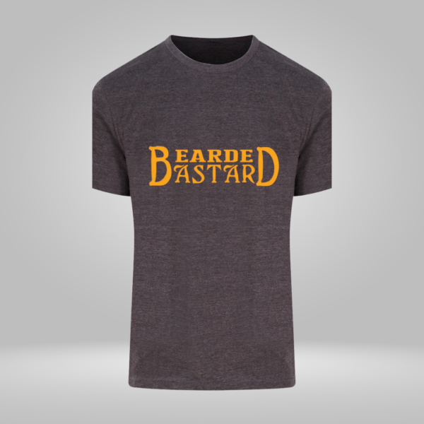 Grey t-shirt with “Bearded Bastard” vinyl design in Gold.