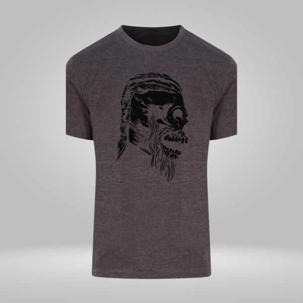 Grey t-shirt with Ragnar skull design printed in black vinyl.