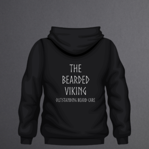 Black hoodie with “The Bearded Viking Quality Beard Care” white vinyl design, printed back.