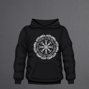 Black hoodie featuring the Vegvisir rune compass, Jörmungandr, and “Forever in the halls of Valhalla” in white vinyl.