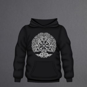Black hoodie with Vegvisir compass inside Yggdrasil Tree of Life design in white vinyl.