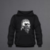 Black hoodie with Ragnar skull design printed in white vinyl.