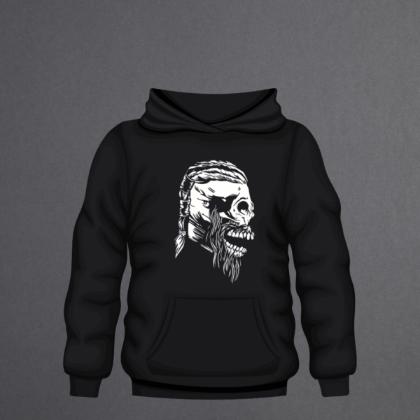 Black hoodie with Ragnar skull design printed in white vinyl.
