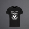 Black t-shirt with “Proud Owner of a Fuzzy Hubby” vinyl design in white.