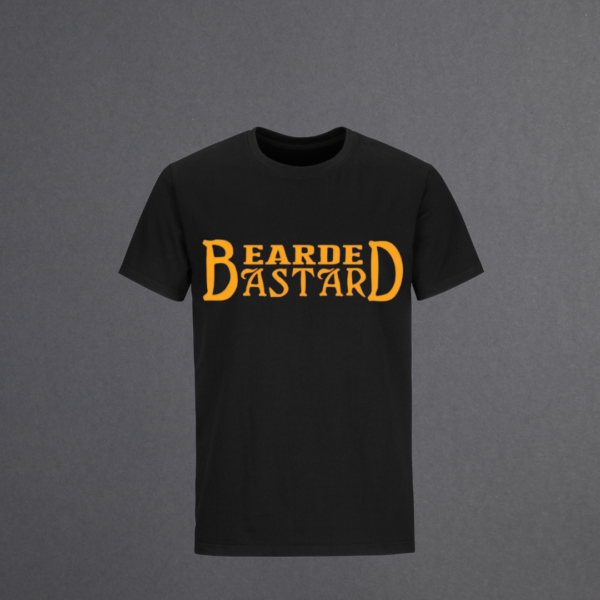 Black t-shirt with bold “Bearded Bastard” vinyl design in Gold.