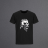 Black t-shirt with Ragnar skull design printed in white vinyl.