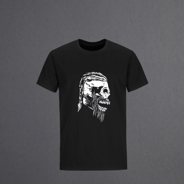 Black t-shirt with Ragnar skull design printed in white vinyl.