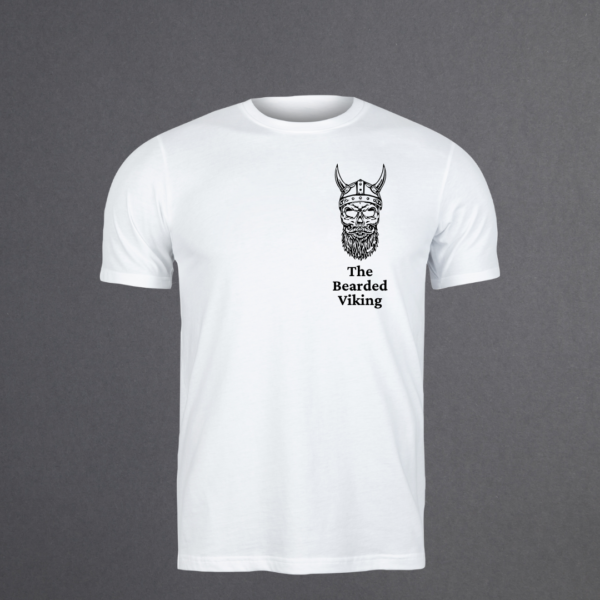 White t-shirt featuring The Bearded Viking skull logo in black vinyl.