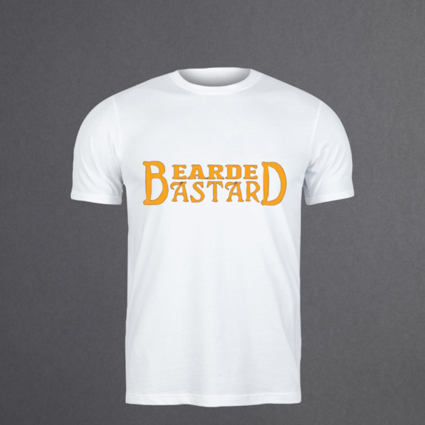 White t-shirt with “Bearded Bastard” vinyl design in Gold.