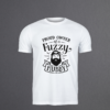 White t-shirt with “Proud Owner of a Fuzzy Hubby” vinyl design in black.