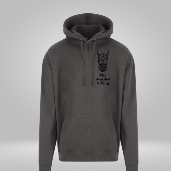 Grey hoodie featuring The Bearded Viking skull logo printed in black vinyl.