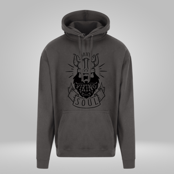 Grey hoodie with “I Have a Viking Soul” text and Viking warrior image in black vinyl.