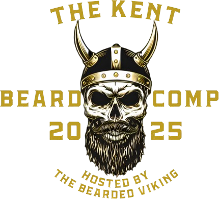 The Kent Beard Comp Logo for "The Kent Beard Comp 2025" featuring a Viking skull with a horned helmet and a long, styled beard. Text reads “Hosted by The Bearded Viking.”
