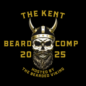 Logo for "The Kent Beard Comp 2025" featuring a Viking skull with a horned helmet and a long, styled beard. Text reads “Hosted by The Bearded Viking.”