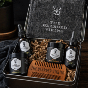 The Bearded Viking Father’s Day Gift Tin with beard oils, whipped beard butters, wooden beard comb and beanie inside a metal gift tin.